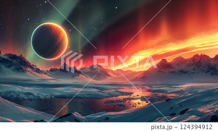 Majestic Saturn on Starry Sky Over Ice-Capped Mountains at Dusk. Generative AI 124394912