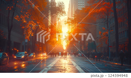 Sunset glowing through tall buildings on a busy city street in autumn. Generative AI 124394948