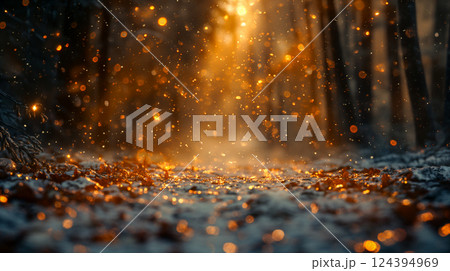 Enchanted forest pathway illuminated by shimmering light particles. Generative AI 124394969