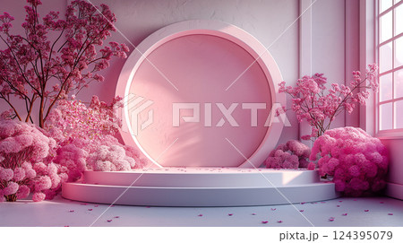 Floral arrangement with pink flowers and round display platform by window. Generative AI Floral arrangement with pink flowers and round display platform by window. Generative AI 124395079