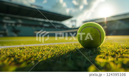 Close-up of tennis ball on grass at outdoor court during sunset, sport background. Generative AI 124395108