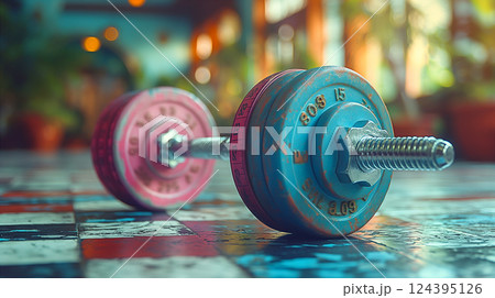 Bright blue dumbbell with measuring tape on gym floor during workout session. Generative AI 124395126