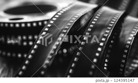 Vintage film rolls arranged in dynamic display suggesting cinematic history. Generative AI 124395147