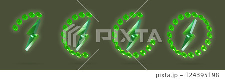 3d glass green wireless charging icon set on dark background. Lightning bolts with circle battery charge level indicator. Progress of mobile phone energy recharge from low to high. 3D illustration 124395198