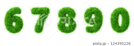 3d green grass font, fluffy numbers from 6 to 0. Fresh summer or spring plant digits, moss numeral icons. Natural eco organic balloons, lawn type effect with fuzzy herb texture render. 3D illustration 3d green grass font, fluffy numbers from 6 to 0. Fresh summer or spring plant digits, moss numeral icons. Natural eco organic balloons, lawn type effect with fuzzy herb texture render. 3D illustration 124395226