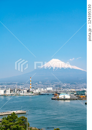 【静岡県】春の田子の浦港と快晴の中の富士山 124395330