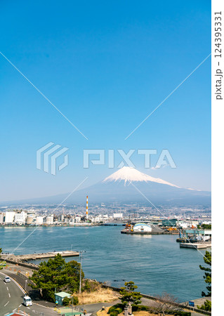 【静岡県】春の田子の浦港と快晴の中の富士山 124395331