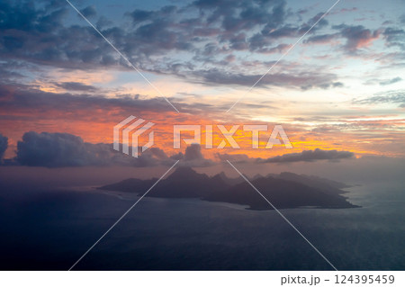 Aerial view of Moorea island at sunset, French Polynesia 124395459