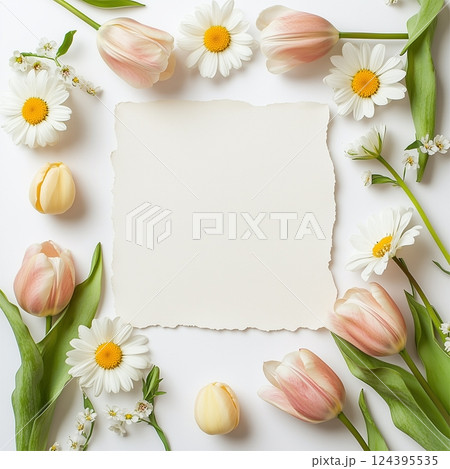 Blank torn paper with elegant floral frame of tulips, daisies, and greenery on a white background for spring design or message Blank torn paper with elegant floral frame of tulips, daisies, and greenery on a white background for spring design or message 124395535