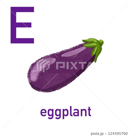Watercolor English alphabet made of cute fruits and vegetables. Watercolor illustration of food. Vegetarian alphabet. Back to school. Eggplant Watercolor English alphabet made of cute fruits and vegetables. Watercolor illustration of food. Vegetarian alphabet. Back to school. Eggplant 124395700