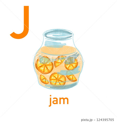 Watercolor English alphabet made of cute fruits and vegetables. Watercolor illustration of food. Vegetarian alphabet. Back to school. Fruit jam 124395705