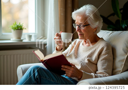 Elderly woman with glasses sipping coffee while reading book in cozy living room Elderly woman with glasses sipping coffee while reading book in cozy living room 124395725