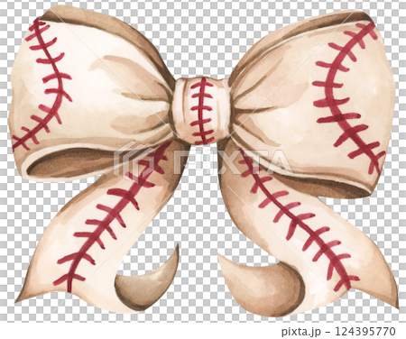 Watercolor coquette illustration of motherhood and sports featuring baseball and soft bow style. Watercolor coquette illustration of motherhood and sports featuring baseball and soft bow style. 124395770