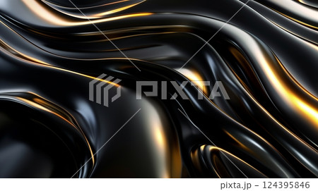 A 3D illustration in black and gold, highlighting elegant, fluid lines with a mesmerizing balance of movement. 124395846