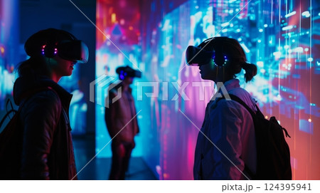Futuristic expo with AI-human projection show. Innovators gather, inspired by luminous displays and virtual assistants. Futuristic expo with AI-human projection show. Innovators gather, inspired by luminous displays and virtual assistants. 124395941