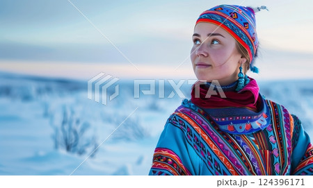 A person in colorful Sami dress stands against the snowy landscapes of Northern Scandinavia. 124396171