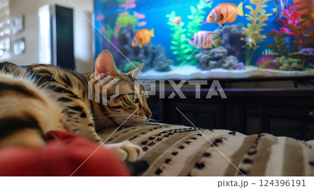 A cat lounges on a sofa, mesmerized by a fish tank screensaver on the TV as colorful fish swim. 124396191