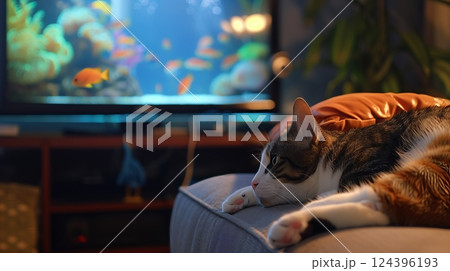 A cat lounges on the sofa, mesmerized by a fish tank screensaver on the TV, eyes following virtual fish. 124396193