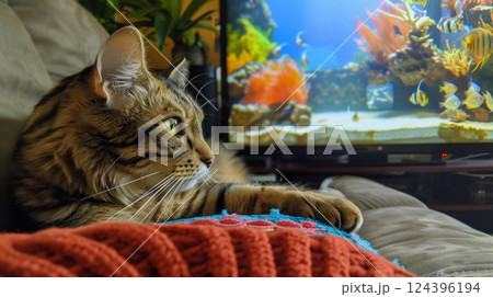 A cat lounges on the sofa, mesmerized by the fish tank screensaver on the TV, tail flicking in fascination. 124396194