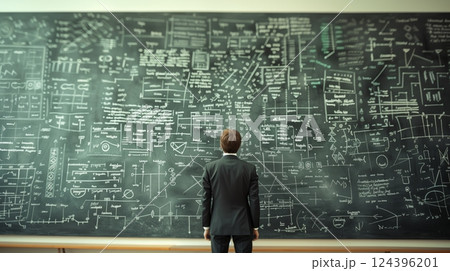 A mathematician stands before a vast chalkboard covered in equations, exuding intense focus in a scholarly atmosphere. 124396201
