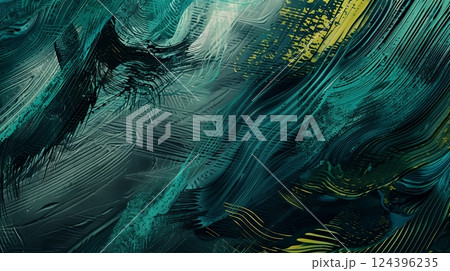 A textured background with vibrant turquoise, green, and black patterns creates a dynamic, eye-catching scene. 124396235
