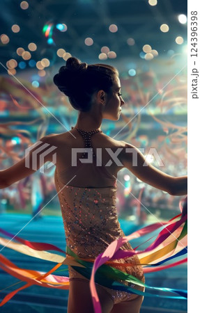 beautiful dancer woman with colorful ribbon at stage with illuminated backlight, graceful and elegant female ballerina dancing at scene on olympic games 124396398