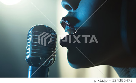 cropped closeup of woman with red lips singing in microphone, female artist singer 124396475