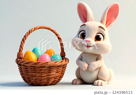 Cute bunny with basket of Easter eggs 124396513