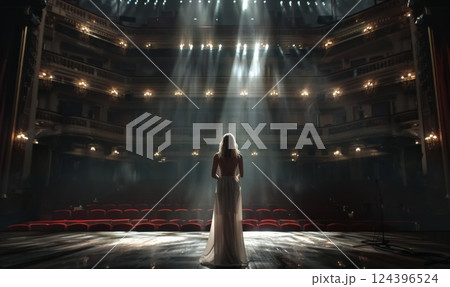 woman has rehearsal and singing at empty opera before live concert event 124396524