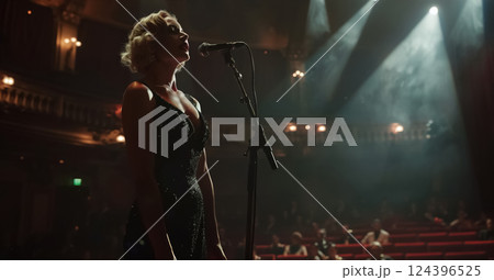 beautiful woman singing in microphone at stage of musical festival, female artist sing song on scene, in style of 1930s 124396525