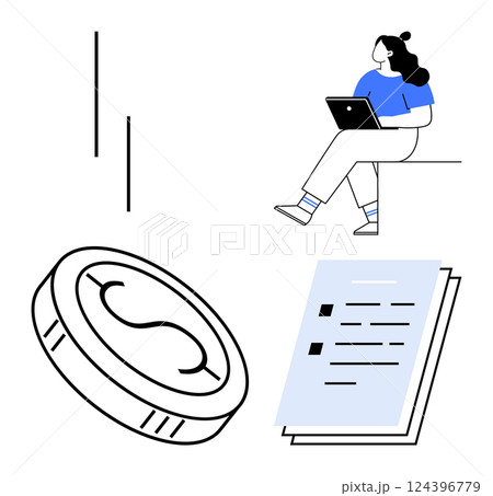 Woman using laptop, upward trend lines, coin, and documents. Ideal for topics on financial planning, investment, digital banking, online education, analytics, remote work, and business strategy. Line 124396779