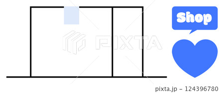 Simple storefront structure with two windows and a shopping sign with a heart symbol. Ideal for retail businesses, shopping, love for shopping, online stores, minimalist design. Vector illustration Simple storefront structure with two windows and a shopping sign with a heart symbol. Ideal for retail businesses, shopping, love for shopping, online stores, minimalist design. Vector illustration 124396780