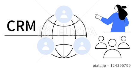 A person pointing towards a globe with user icons symbolizes CRM. Ideal for business management, customer service, sales, networking, and technology. Minimalist vector style with blue and black A person pointing towards a globe with user icons symbolizes CRM. Ideal for business management, customer service, sales, networking, and technology. Minimalist vector style with blue and black 124396799