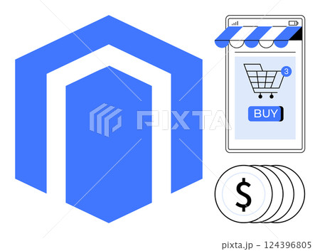 Blue hexagon logo, mobile device with blue shopping cart icon and buy button, and three coins with dollar sign. Ideal for ecommerce, online shopping, digital transactions, mobile commerce, financial 124396805