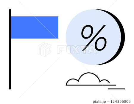 Blue flag on vertical pole, black percentage symbol in light blue circle, and simple black cloud outline with line. Ideal for financial presentations, weather reports, educational materials, business 124396806