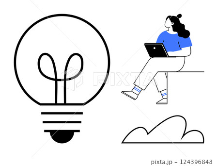 Woman sitting on edge with laptop, large light bulb, and cloud. Ideal for creativity, productivity, innovation, remote work, brainstorming, design thinking, education. Line metaphor 124396848