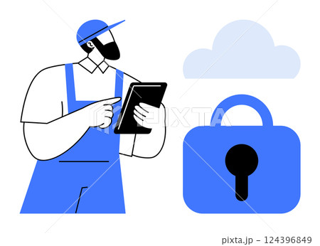 A worker in simple overalls using a tablet while interacting with cloud data security. Ideal for cloud computing, data management, IT security, digital workforces, and cyber protection. Modern vector 124396849