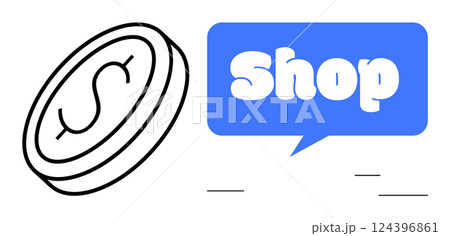 Coin with dollar sign and speech bubble with Shop text. Ideal for themes of retail, e-commerce, online shopping, business, and finance. Modern vector style in blue and black hues 124396861
