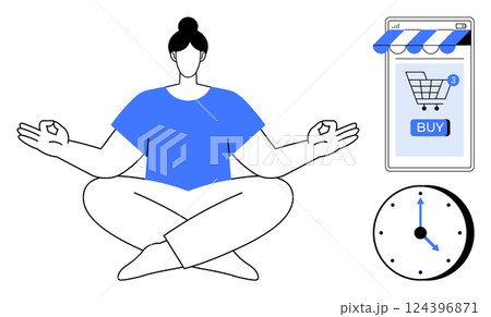 A person sitting cross-legged in a meditative pose, next to a smartphone displaying a shopping cart and a clock. Ideal for wellness, mindfulness, online shopping, time management, relaxation A person sitting cross-legged in a meditative pose, next to a smartphone displaying a shopping cart and a clock. Ideal for wellness, mindfulness, online shopping, time management, relaxation 124396871