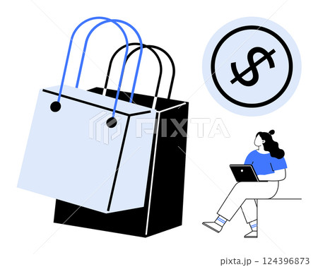 Shopping bag, dollar sign, person using laptop on bench. Ideal for e-commerce, online shopping, digital marketing, retail, consumer behavior, mobile commerce, business growth. Line metaphor 124396873