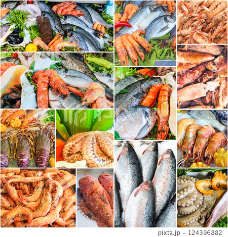 Seafood collage with fresh salmon, lobsters, langoustines, shrimp, and fish on ice Seafood collage with fresh salmon, lobsters, langoustines, shrimp, and fish on ice 124396882