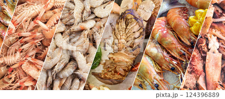Seafood Dish Collage with Fish, Shrimp, Lobsters, and Squid 124396889