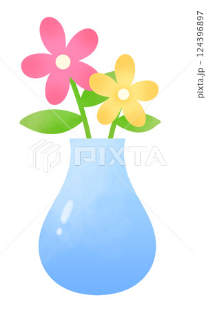 ピンク色と黄色の花と花瓶のイラスト 124396897