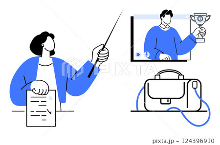 Instructor with pointer and papers teaching, virtual participant holding trophy on screen, and a briefcase. Ideal for online learning, remote training, coaching, webinars, virtual meetings, corporate Instructor with pointer and papers teaching, virtual participant holding trophy on screen, and a briefcase. Ideal for online learning, remote training, coaching, webinars, virtual meetings, corporate 124396910