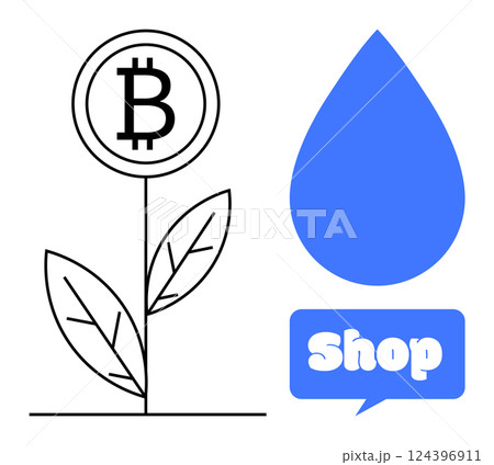 A plant with a Bitcoin symbol as a flower and a speech bubble with the word Shop beside a blue droplet. Ideal for cryptocurrency, finance, shopping, digital economy, investment themes. Modern clean A plant with a Bitcoin symbol as a flower and a speech bubble with the word Shop beside a blue droplet. Ideal for cryptocurrency, finance, shopping, digital economy, investment themes. Modern clean 124396911