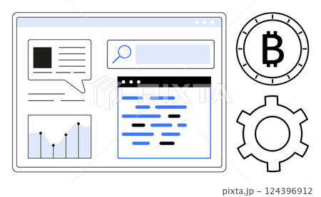 Dashboard interface with chat window, coding screen, search bar, financial graph, Bitcoin symbol, and gear icon. Ideal for cryptocurrency trading, data analysis, financial tools, fintech 124396912