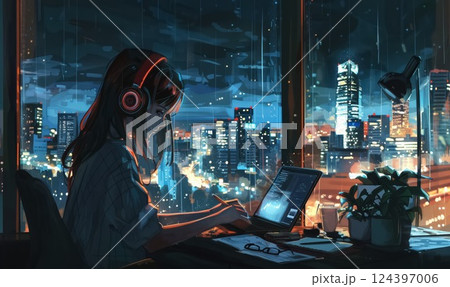 illustration of lonely solitude girl studying and coding with laptop by window with night city view, young woman learning programming with computer and listening music in headphones 124397006