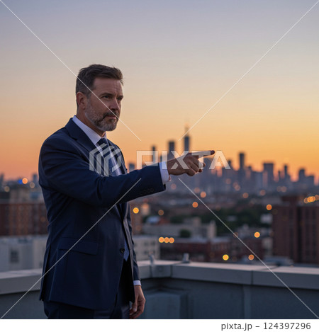 A leader pointing to the future on an office rooft 124397296