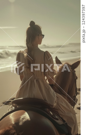 beautiful woman riding horse at sunset on beach, enjoying breeze and freedom of nature, peaceful and adventurous moment on person vacation 124397397