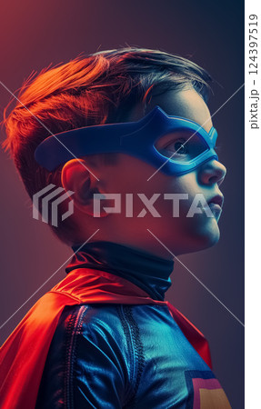 boy in superhero costume and colorful mask, confident pose against a bright background, full of imagination and motivation, brave and courage kids concept boy in superhero costume and colorful mask, confident pose against a bright background, full of imagination and motivation, brave and courage kids concept 124397519